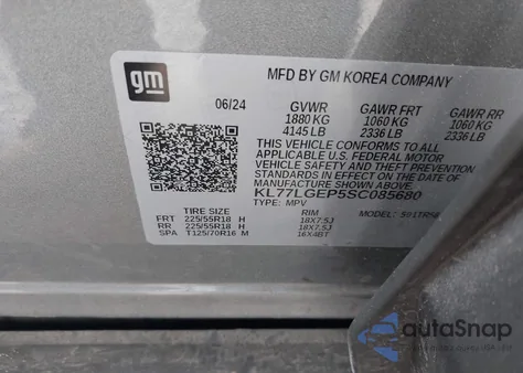 2025 Chevrolet Trax Fwd 1Rs z USA, uszkodzony, nr VIN KL77LGEP5SC085680